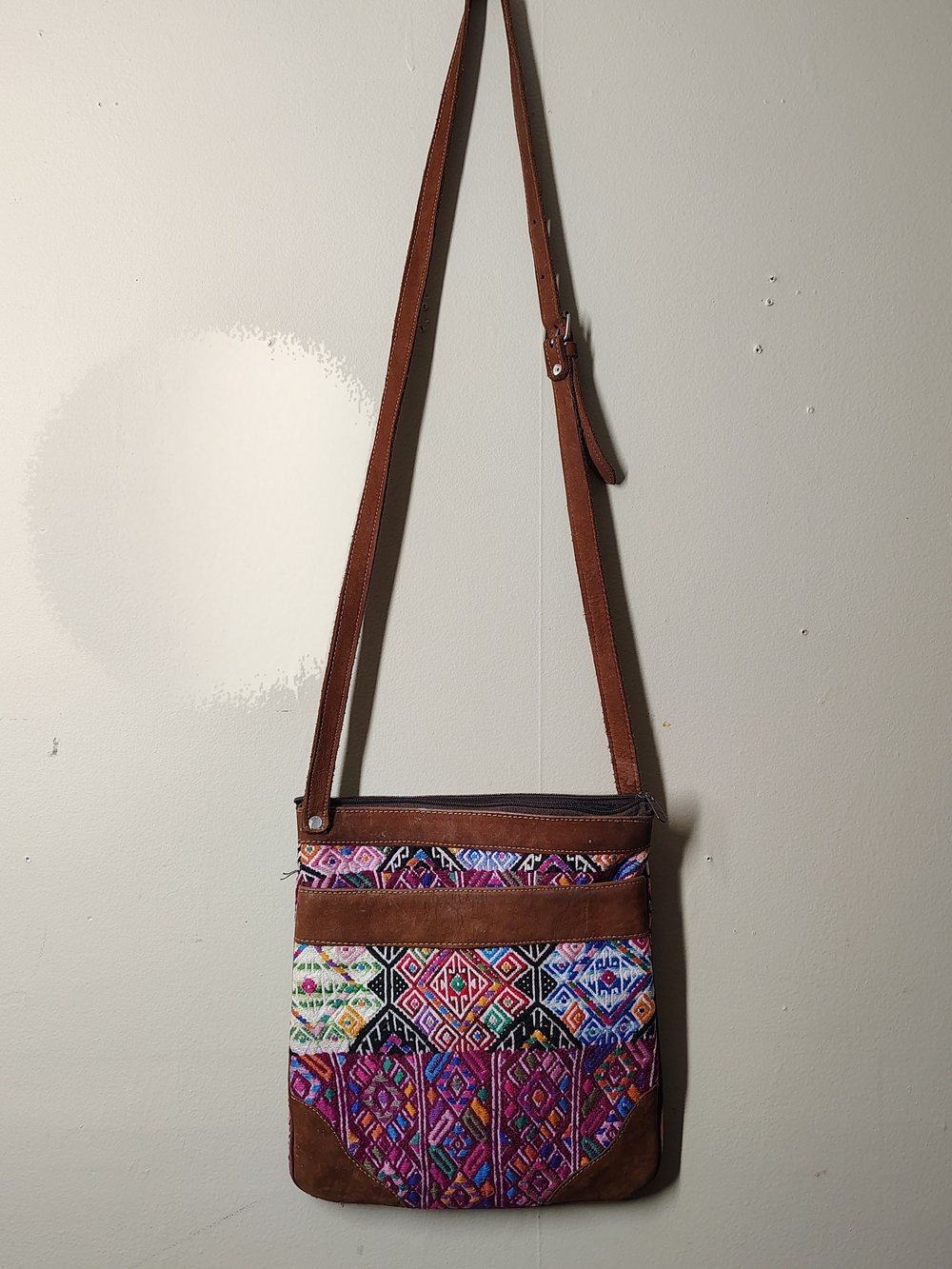 Multicolor Embroidered Style Crossbody Bag with Brown Trim